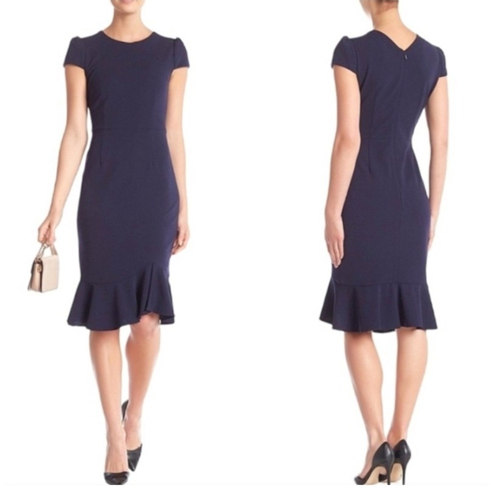 NEW Betsey Johnson Navy‎ Ruffle Hem Sheath MIDI Dress Women 6 FLOUNCE FEMININE
